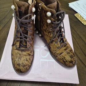 Louise et Cie Brown Leopard Lace Up Boots with Pearl Accents